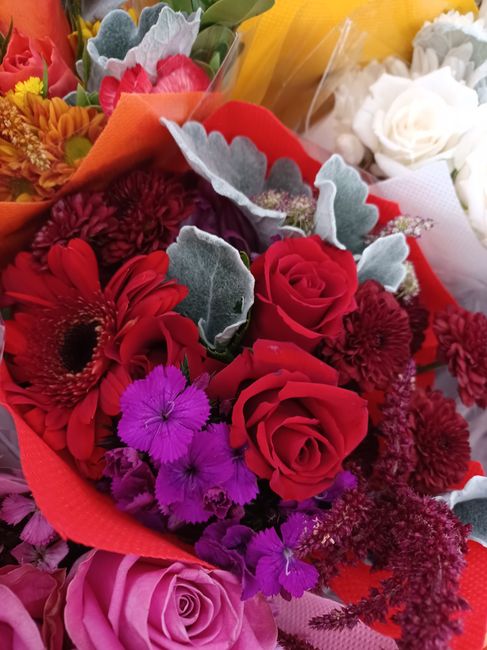 A vibrant floral arrangement featuring red roses with tightly formed petals, purple and magenta flowers adding a splash of color, and soft, silvery-green foliage with velvety leaves. The bouquet is wr