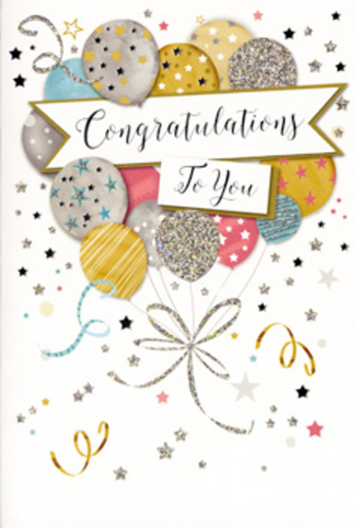 The illustrated congratulations card shown here feels like a carefully composed still life of celebration, the kind you might find thoughtfully displayed beside vases of fresh blooms at Paddington Florist. The main visual feature is a generous cluster of rounded balloons that fills much of the card's front, rising in a light, upward curve. These balloons are rendered in harmonious shades of gold, silver, champagne, sky blue, blush pink, and smoky grey, with each one carrying its own subtle decoration. Some are spangled with tiny metallic stars, others are wrapped in fine stripes, and a few shimmer with a dusting of glitter-like accents, suggesting sparkle without overpowering the design. Delicate strings, drawn in twisting lines of gold and silver, cascade from the balloons and gather in a small, elegant knot at the base, similar to the finishing touch on a hand-tied bouquet ready for delivery around Hyde Park or Lancaster Gate. A soft banner drapes across the centre of the cluster, displaying the phrase Congratulations To You in poised, cursive lettering that feels both warm and refined, as though handwritten with care. The backdrop is a light, neutral tone, enriched with a scatter of small stars, confetti dots, and airy ribbon curls that swirl across the space, bringing a sense of movement, like the last remnants of confetti still drifting after a celebration. The card design hints at tactile contrasts: the smoothness of quality cardstock, the gentle texture of printed glitter, and the glossy relief of the ink. Altogether, it conveys a mood of graceful joy and heartfelt admiration, perfectly suited to recognising achievements and milestones with a card-and-flowers pairing delivered throughout the Paddington area.