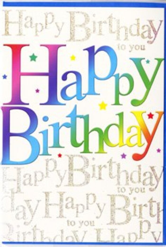 This birthday card feels like a pocket-sized celebration, as bright and welcoming as a stroll from Paddington along the canal on a clear afternoon. The main focus is the bold phrase Happy Birthday, printed in big, friendly letters that stretch confidently across the width of the card. Each letter carries its own vivid shade, yet they flow into each other seamlessly-intense cherry reds softening into oranges, glowing into buttery yellows, then cooling into leafy greens, lagoon blues, and deep, regal purples. The gradient is smooth and harmonious, not harsh, creating an effect reminiscent of coloured lights reflecting on the water near Paddington Basin in the early evening. This jewel-like lettering stands out crisply from the softer background, which is covered in repeating lines of fine gold script that quietly murmur Happy Birthday to you. The script is slender, looping, and elegant, like handwriting you might find in a treasured old card, but here it's rendered in luminous metallic ink that shimmers gently as the light moves across it. Against the pale base, this repeated golden refrain creates a sense of depth and texture, as if layers of birthday wishes have been laid down over time. Delicate touches of sparkle and tiny coloured accents peek out around the letters, suggesting playful confetti scattered after the party or tiny stars caught in the glow. The card surface looks smooth and slightly glossy, promising a pleasant tactile experience when held. Altogether, the design balances exuberant colour with refined detail-a perfect choice to accompany flowers from Paddington Florist, especially when you want your birthday wishes to feel both joyful and sincerely meant.