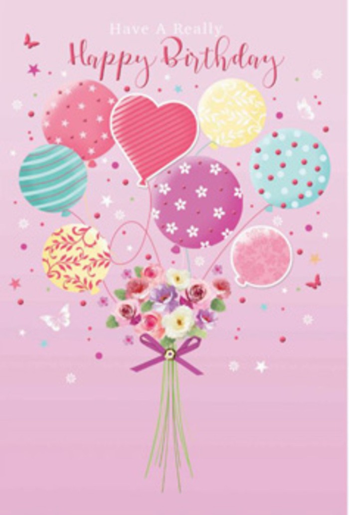 There is a quiet yet unmistakable jubilation in this floral birthday illustration, as if capturing the feeling of coming home through Paddington after a long journey and being greeted with something beautiful. The soft pink background acts like a calm sky, allowing the central scene to glow. A group of pastel balloons floats upward in a loose cluster, their rounded shapes overlapping as they rise. Each one carries a different design-pale sunshine panels, rosy fuchsia softened into blush, and lavender fields of colour, all accented with curling stripes, playful dots and delicate blossoms painted onto their surfaces. They create a sense of movement and lift, almost like watching balloons drift above the rooftops near Sussex Gardens. Tethered to these airy shapes is a refined, hand-tied bouquet at the base, with petite roses and softly rounded, daisy-like flowers nestled closely together. The petals are shaded from creamy centres to rose and mauve edges, suggesting early morning light touching each bloom. Their texture appears velvety and rich, while the colours echo the pastels above, tying the whole composition together in a carefully considered palette. A narrow, sparkling purple bow gathers the green stems, adding a neat, polished finish, much like a carefully wrapped gift collected from a trusted local florist. Soft illumination sweeps across the design, catching the curve of each balloon and the gentle sheen of every petal, casting faint shadows that offer depth without heaviness. The overall mood is one of tender celebration-joyful but not loud, the kind of birthday moment meant to make the recipient feel cherished, whether they are in a cosy flat near the canal or a busy home close to Paddington Station.
