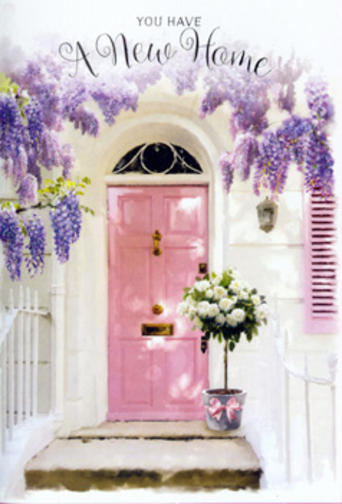 Stepping visually into this image feels like approaching a freshly claimed home on a back street near Paddington's garden squares. The scene is anchored by a painted pink front door, its colour a soft, almost powdery blush that radiates understated charm against clean, whitewashed walls. To one side, a coordinating shutter hints at a cosy window just out of frame, while above, wisteria cascades down in luxurious swirls of lavender and lilac. The clusters of blooms hang thickly, their delicate petals catching the light, creating shifting shadows that play across the wall and door, much like dappled sunlight along the paths of nearby Hyde Park. At the doorstep sits a stylish tin bucket, subtly weathered and painted a cool grey. From it rises a generous bouquet of creamy white roses, each blossom full and rounded, with petals that curl outward in soft spirals. Intertwined with the roses is a scattering of fresh greenery, adding a whisper of woodland texture without overwhelming the arrangement's gentle refinement. A satin bow in rose-pink wraps neatly around the bucket, its smooth ribbon knotted loosely so the ends trail in an easy, relaxed arc across the step. The entire composition suggests a paused moment in time: perhaps the flowers have just been delivered for a couple moving into their first shared flat near Praed Street, boxes stacked inside, the scent of roses and wisteria mingling with the cool hall air. Everything about the image-its colours, its softness, the tender placing of the bouquet-speaks of optimism, new connections, and the quiet thrill of putting down roots in Paddington.