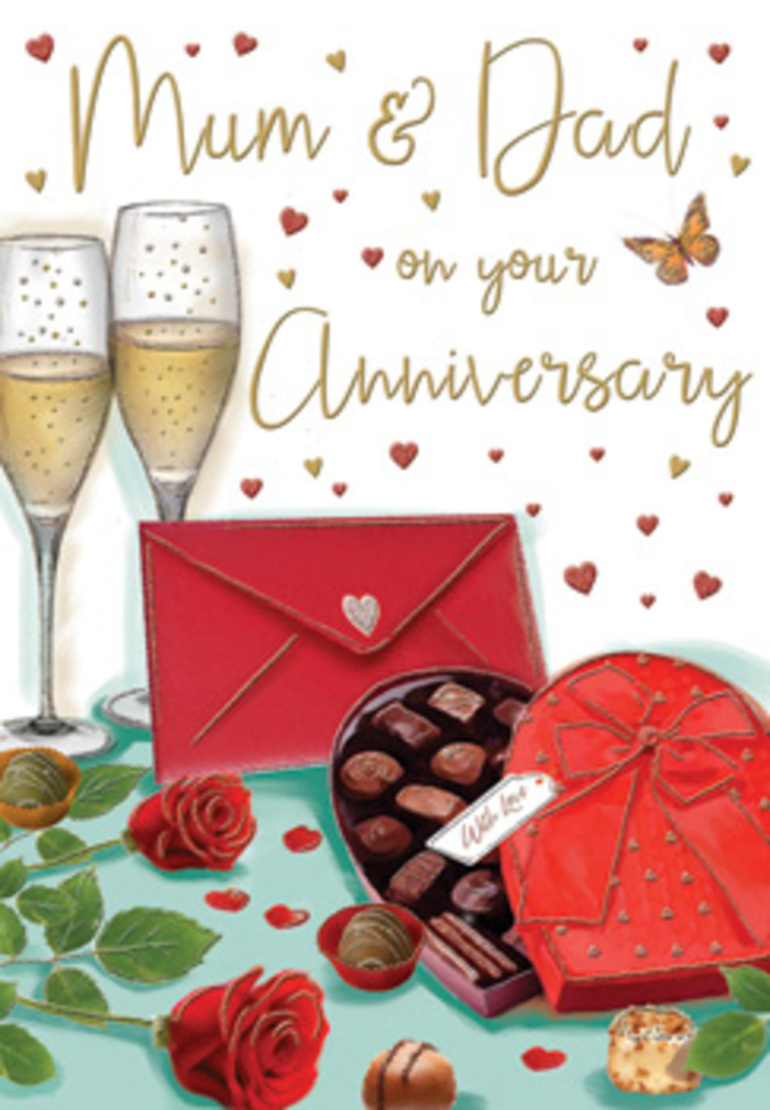 The anniversary card depicted here feels like a carefully staged still life, evoking the warmth and intimacy of a family home somewhere between Paddington and Little Venice. In the foreground, a pair of deep red roses takes centre stage, their petals exquisitely rendered in swirling layers that create a sense of depth and softness. Each bloom looks as though it has just been placed down after being removed from a fresh bouquet, the type a local florist might deliver for a special family dinner. The surrounding foliage is a rich, glossy green, the leaves curling slightly at the edges to cradle a heart-shaped box of chocolates resting nearby. This box, in a matching shade of sumptuous red, is partially open, revealing decadent chocolates nestled inside, each piece sitting in its own tiny compartment. On top, a generous red bow made of satiny ribbon is tied with precision, its loops and tails catching the light to suggest a subtle sheen. Just behind, two tall champagne flutes stand side by side, filled with a light golden champagne that sparkles with tiny bubbles, frozen mid-ascent. The glass shines softly, as though illuminated by dining-room candles on a special evening. Around the entire scene, small red and gold hearts float and scatter across a pale background, surrounding hand-lettered text that dedicates the card lovingly to Mum & Dad. At the base of the composition, a crimson envelope lies slightly askew, sealed and ready to be opened, hinting at a heartfelt message inside, full of appreciation and shared history. The colour palette of crimson, gold, and green creates a rich, inviting mood, as soothing and familiar as the pathways around Paddington Station at twilight. To a florist's eye, the roses, chocolates, and champagne combine into a perfect visual shorthand for gratitude, romance, and the quiet joy of a long, enduring partnership.
