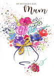 In this illustrated Mother's Day card, a joyful bouquet is painted with the ease of watercolour and the care of a local Paddington florist selecting each stem. The flowers bloom from the centre in a soft explosion of colour, petals edged with inky indigo that cradles rich cerise, rosy pink, and fuchsia hues, gently blended with cooler tones of lilac, violet, and airy blue. Wisps of greenery in light and deep greens thread through the bouquet, while slender strokes and tiny flecks of gold catch on petals and leaves, suggesting the glint of light over the nearby Paddington Basin. The arrangement sits in a simply sketched vase at the base of the card, its rounded contours hinted at with washes of colour and tied with a neat golden bow, reminiscent of ribbon bowed before a bouquet is carried out along Sussex Gardens. Around the main cluster, playful speckles of paint and delicate heart motifs scatter into the surrounding white, adding movement, joy, and a sense of celebration, as if the bouquet is sending out waves of affection. The overall design is airy but full of feeling, each colour chosen to echo warmth, tenderness, and the gentle excitement of Mother's Day. It evokes the image of someone stepping out of Paddington Station with flowers and card in hand, ready to surprise their mum with a gift that looks as lovingly crafted on paper as any real bouquet.