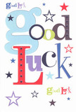 A good luck card is shown laid flat against a clean white background, its design bursting with colour and the same upbeat energy you might feel stepping out of Paddington Station on a bright morning. The words Good Luck are scattered playfully across the card in a medley of fonts: a large, rounded baby-blue g anchors the phrase, while neighbouring letters in deep red, mossy green, inky navy, and velvety purple dance around it with confident charm. Each character looks as though a designer has carefully painted it on, giving the typography the feeling of hand-touched artistry rather than something purely digital. Surrounding the letters, a constellation of stars in every size and shade-soft sky-blue, dusky indigo, pale lavender, charcoal black, and hints of lime-tinged yellow-floats across the crisp white surface like sparks of possibility. The stars range from solid, bold silhouettes to faint, almost translucent outlines, creating a layered effect that suggests movement, as if the night sky above Hyde Park or along the canal by Little Venice has been scattered onto paper. The cardstock itself appears smooth and thick, the sort of quality texture that feels reassuring when you run your fingertips over it, with the ink sitting cleanly on top, neither glossy nor dull. The layout leaves generous white space around the words, giving every colour room to breathe while keeping the message easy to read for someone glancing at it on a mantelpiece in a Paddington flat. Overall, the card radiates heartfelt support and anticipation, perfect for tucking beside a fresh bouquet before an exam, new job, big audition, or any fresh chapter where a little extra luck is warmly wished.
