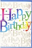 On this birthday card, the greeting takes centre stage in a way that instantly lifts the mood, much like stepping onto the lively streets surrounding Paddington Station at the start of a special day. The words Happy Birthday sweep across the front in large, rounded letters, each one filled with a rich band of colour that moves fluidly from warm reds and sunset oranges through golden yellows into bright greens, aqua blues, and deep amethysts. The colour transitions are gentle, giving each letter a soft, glowing edge, as if lit from within, just like neon reflections in the windows along Praed Street after dark. Behind this cheerful statement, the background whispers its own message: fine lines of looping gold script repeating Happy Birthday to you over and over. The script unfurls across a light, neutral backdrop, its metallic hue catching every movement of light in a subdued yet elegant sparkle, much like sunlight glancing off the canal in Little Venice. This consistent refrain in gold feels like a quiet chorus of well-wishers standing just behind the main message. Scattered subtle details-tiny flecks of colour and delicate hints of glitter-add an extra sense of festivity, like stray pieces of confetti left on a table after the last slice of birthday cake has been shared. The finish of the card appears sleek and smooth, emphasizing the intensity of the colours and the refinement of the golden writing. Overall, it is an inviting, contemporary birthday card that conveys both joy and thoughtfulness, ideal for sending alongside a bright bouquet delivered across Paddington to make someone's special day even more memorable.