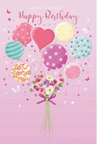 On a gentle blush-pink canvas that could echo the evening sky above Paddington Basin, this birthday illustration brings together balloons and blooms in a perfectly balanced daydream. A lively bouquet of pastel balloons floats at the centre, rising upward as if buoyed by laughter and well wishes. Each balloon has its own identity: some whirl with candy-coloured stripes, others sparkle with neat polka dots, a few blossom with petite floral prints, and one heart-shaped form sits proudly among them, radiating affection. Their colours stay soft and harmonious-powder pink, minty teal, lavender and pale lemon-blending into a delicate rainbow of celebration. Anchored beneath this parade of colour is a hand-tied bouquet, where roses and anemone-like flowers cluster together in creamy ivory, blush and gentle mauve, the petals fine and feathery, layered in loose, natural shapes. The stems are gathered and tied with a violet satin bow, its smooth shine adding a hint of luxury, as though it were finished by an experienced florist just off Edgware Road. Light falls softly across the scene, catching the rounded shine of each balloon and the satin sheen of the petals, giving the composition a sense of depth and movement without disturbing its airy calm. The mood is that of a fresh spring morning-sweet, bright and full of promise-making this design ideal for expressing warm, heartfelt birthday wishes. It feels like the visual equivalent of a kind message written in careful handwriting and delivered with a small bouquet to someone cherished in Paddington.