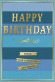 This birthday card captures a sense of easy-going celebration through its harmonious blend of blue stripes and refined gold details, as if it were waiting on a mantelpiece beside a birthday bouquet in a Paddington apartment. The background is built from wide horizontal bands, each blue stripe slightly different from the next. A deep navy at the top leads the eye down through rich denim, softer teal, and finally to a gentle pastel blue near the bottom. The gradient feels natural and soothing, reminiscent of a clear sky reflected in the still water around Little Venice. Centred against this calming palette, the words HAPPY BIRTHDAY appear in striking, embossed gold capital letters. The metallic finish gives the text a warm shimmer, and the raised texture suggests a careful, crafted feel, like a quality card chosen with intention from a small shop near Paddington Station. Just below, a graceful golden flourish stretches across the width of the card, curving gently as it separates the main greeting from the sentiments beneath. Three slim gold banners are stacked evenly below this flourish, each one smooth, neatly outlined, and slightly raised from the surface. On these banners, in simple, inviting words, are the phrases Relax, Have a great day, and Enjoy! Together they create a gentle instruction to slow down and savour the occasion. A fine gold border traces the edge of the card, tying the design together with a polished finish. The overall mood is calm, tasteful, and warmly celebratory, perfectly suited to accompany same-day birthday flower deliveries around Paddington, from homes near Sussex Gardens to offices tucked behind Praed Street.