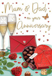 This lovingly detailed anniversary card illustration paints a scene that could easily belong to a cosy Paddington home preparing for a special evening with Mum & Dad. At the forefront, two luxuriant red roses rest along the table, their petals densely layered in gentle spirals, blending deep crimson shadows with brighter scarlet highlights. They carry the look of freshly cut blooms chosen with care, the kind that fill a room with subtle fragrance once arranged in a vase. Dark, glossy green leaves fan around the roses, offering a natural contrast that draws the eye towards a heart-shaped chocolate box beside them. The box, designed in a rich, romantic red, is shown slightly open, revealing an orderly array of chocolates, each one nestled like a tiny treasure waiting to be shared. A wide red bow crowns the lid, its satiny ribbon loops styled with the same precision a florist might use when finishing a gift bouquet destined for one of Paddington's tree-lined streets. Behind this tempting arrangement stand two elegant champagne flutes, their tall stems leading up to bowls filled with pale gold fizz. Delicate bubbles float upwards, catching a soft, ambient glow that hints at candlelight or early evening sun filtering through a window. Scattered throughout the background are shimmering red and gold hearts, surrounding handwritten anniversary wishes that feel warm and personal rather than formal. In the foreground, a scarlet envelope lies slightly overlapping the chocolate box, its sealed flap promising a personal note filled with gratitude, stories, and affection. The overall composition is intimate and celebratory, built around the timeless trio of roses, chocolates, and champagne. Seen through the eyes of a florist, it perfectly captures the tenderness of an anniversary: a moment to pause, pour a glass, share something sweet, and quietly honour years of life spent together in love.